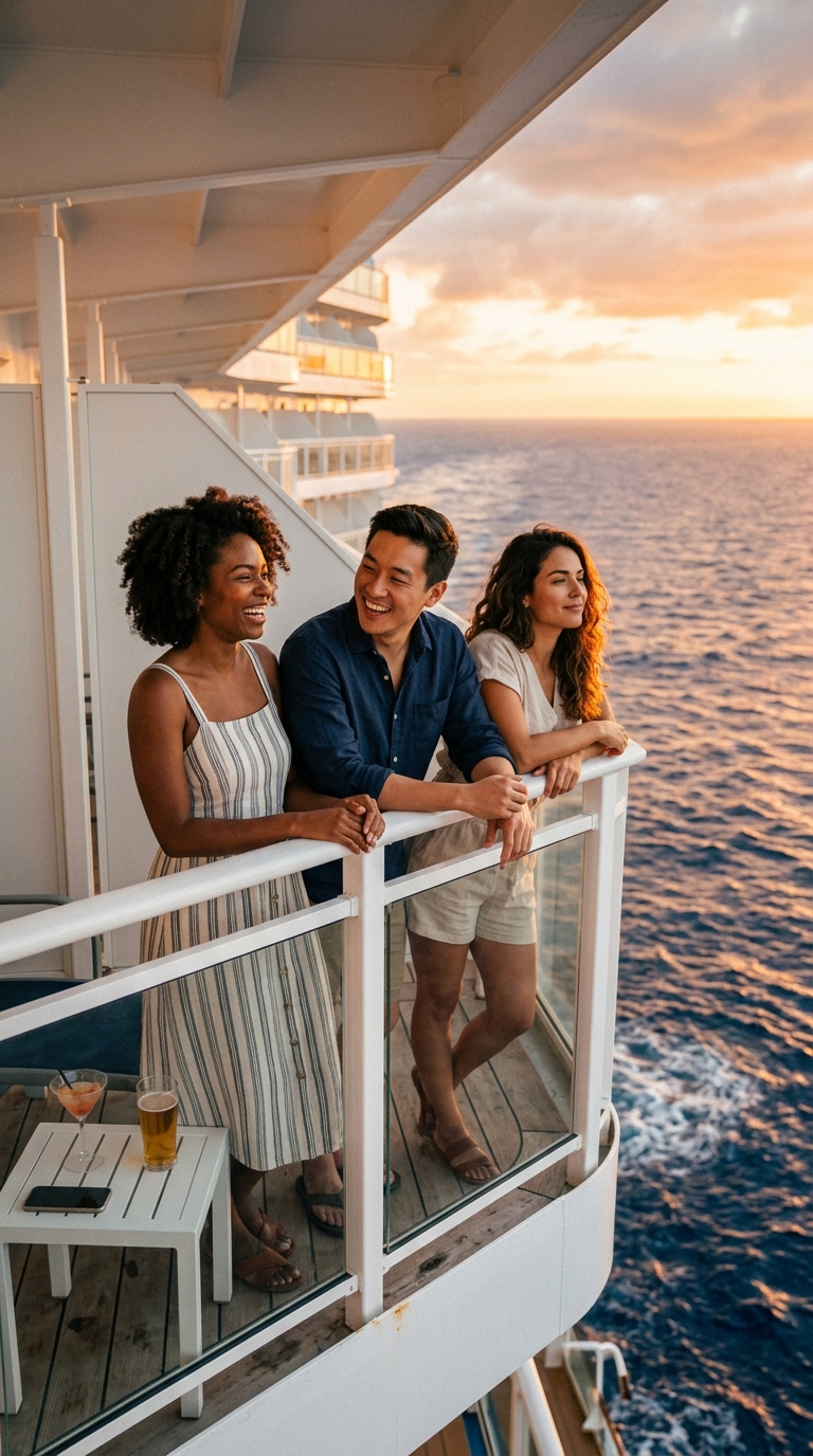 Three friends on a cruise stateroom balcony at sunset